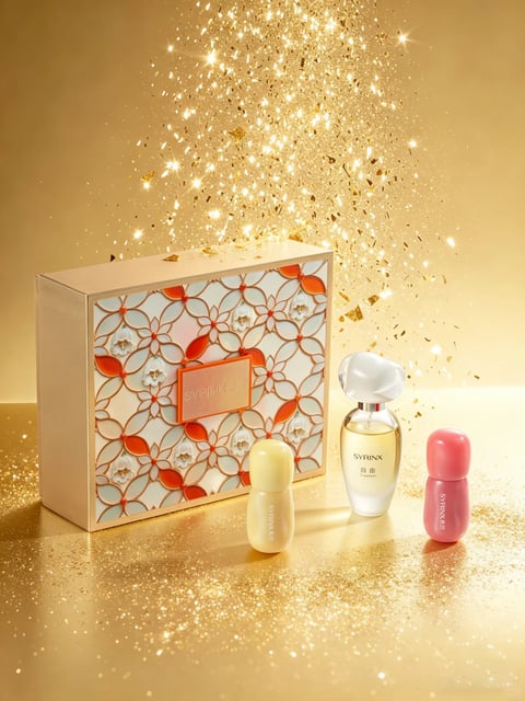 The image presents a photorealistic 3D-rendered still life composition centered on a luxury beauty or fragrance gift set against a radiant, celebratory backdrop. The main subject is a rectangular gift box with a textured, cream-colored side and a decorative front panel featuring an intricate lattice pattern of interwoven orange and white lines over a pale blue background, accented with small white floral elements and orange leaf-like shapes; a central orange plaque on the box displays the brand name. To the right of the box, three individual product containers are arranged on a surface scattered with fine gold glitter: a tall, clear glass perfume bottle with a smooth, white, cloud-like cap containing a light amber liquid; a small, opaque, pale yellow rounded bottle; and a small, opaque, pink rounded bottle. The scene is bathed in a warm, golden light that creates soft highlights and shadows, enhancing the metallic and glass textures. The background is a gradient of warm gold tones, exploding upwards with a dense cascade of sparkling gold glitter particles and starbursts, conveying a sense of festive magic and luxury. The composition is balanced, with the products in the foreground and the gift box providing a substantial anchor, all set upon a reflective, glitter-strewn surface that deepens the spatial depth. The overall mood is opulent, joyful, and elegant, with a high-contrast interplay between the brilliant gold particles and the softer, diffused lighting on the products. Visible text includes the brand name "SYRINX" (with Chinese characters beneath) on the box's plaque and on the glass perfume bottle, which also features the product name "自由" (Freedom) in both Chinese and English script. The focus is sharpest on the products and the front of the gift box, with the glittering background slightly softer to create depth.