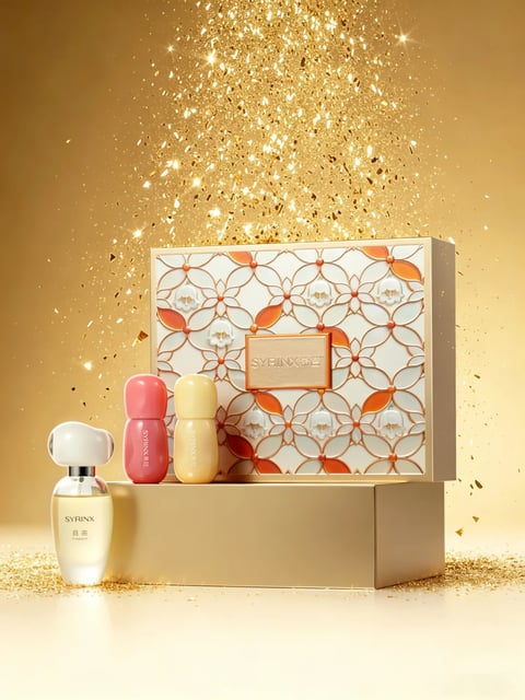 The image presents a high-end cosmetic or skincare gift set in a festive, luxurious composition. The main subject is a collection of products from the brand SYRINX: a white, uniquely shaped bottle labeled "自由 Freedom" in the foreground, and two smaller, rounded bottles (one pink, one yellow) placed beside a large, ornate gift box. The gift box features a white base with a raised, geometric floral lattice pattern in copper and orange tones, centered with a metallic brand plaque. The scene is set against a warm, golden gradient background, with a dramatic cascade of sparkling gold glitter and confetti falling from the top, creating a celebratory atmosphere. The products rest on a reflective, golden rectangular platform, which is scattered with fine glitter at its base. The overall aesthetic is photorealistic 3D rendering, emphasizing luxury and gift-giving. The color language is dominated by a warm, monochromatic gold palette, accented by the soft pink and yellow of the smaller bottles and the crisp white of the main product and box background, with high saturation and strong contrast between the glittering highlights and the deep golden shadows. Lighting is directional from the top-left, creating soft but defined shadows and bright, specular highlights on the glossy product surfaces and metallic elements, conveying a glamorous and premium mood. Texture and material feel are meticulously rendered: the smooth, glossy plastic of the bottles, the matte yet dimensional lattice on the box, the metallic sheen of the brand plaque and platform, and the granular, reflective quality of the scattered glitter. The composition follows a stable, centered arrangement with the gift box as the central anchor, the smaller products flanking it, and the hero bottle placed prominently in the foreground left, creating depth through layering and the falling glitter effect. Shape language combines organic curves of the product bottles with the precise geometric and floral lines of the box pattern. The mood is celebratory, elegant, and opulent, with high visual weight and energetic sparkle.
