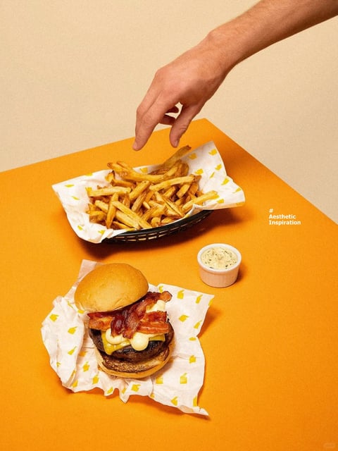 The image presents a top-down, flat-lay composition centered on a fast-food meal arranged on a bright, solid orange tabletop. The main subjects are a basket of golden-brown french fries and a bacon cheeseburger, both resting on white greaseproof paper printed with a repeating yellow geometric logo. A human hand enters the frame from the top right, fingers reaching toward the fries, introducing a dynamic, interactive element. A small white ramekin of creamy, herb-flecked dipping sauce sits between the two food items. Visible text appears in the bottom right corner: the hashtag "#" followed by "Aesthetic Inspiration" in a clean, white sans-serif font, positioned as a stylistic label or caption. The image exhibits a photorealistic rendering style with sharp detail and a deliberate, stylized aesthetic. The color palette is dominated by the vibrant, saturated orange of the table, contrasted with the warm browns and yellows of the food and the crisp white of the paper. Lighting is bright and even, coming from the upper left, casting soft, defined shadows that give the food items volume without creating harsh contrast. Textures are vividly rendered: the crispy, slightly oily surface of the fries, the glossy sheen of the melted cheese and bacon, the soft matte of the burger bun, and the crinkled texture of the printed paper. The composition is balanced but asymmetrical, with the fries positioned higher and the burger lower, creating a diagonal flow emphasized by the reaching hand. The mood is energetic, appetizing, and aesthetically curated, evoking a sense of casual, modern indulgence with a clean, graphic quality.