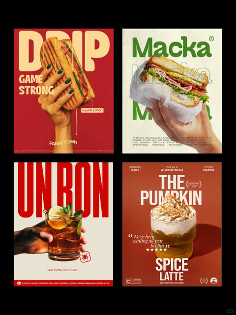 The image presents a 2x2 grid of four distinct, vertically oriented advertising posters, each featuring a food or beverage item held by a human hand against a solid, muted background. The overall visual aesthetic is a cohesive blend of photorealistic product photography with bold, retro-inspired graphic design elements, characterized by a soft, textured finish that resembles high-quality print or vintage poster art. The color language across the four posters is warm and saturated, with each quadrant utilizing a distinct but complementary palette: deep red and gold, soft cream and green, stark red and beige, and warm terracotta and cream, creating a visually rich and inviting mood. Lighting in each panel is directional and soft, casting gentle, defined shadows that enhance the three-dimensional form of the food and drinks while maintaining a clean, studio-quality feel. The texture and material rendering are highly detailed, emphasizing the tactile qualities of the panini's toasted ridges, the sandwich's fresh layers, the drink's condensation and ice, and the latte's whipped cream and sprinkles. Compositionally, each poster follows a similar pattern: a central, close-up shot of a hand interacting with the product, framed by large, bold typographic elements that dominate the upper or lower portions of the composition, creating a strong vertical emphasis and a sense of depth through layered graphics and imagery. The shape language combines the organic forms of the hands and food with the rigid, geometric shapes of the bold, sans-serif typography, often with overlapping or outlined treatments. The mood and atmosphere across the collection are energetic, appetizing, and stylish, conveying a sense of modern, craft-focused culinary enjoyment with a touch of nostalgic charm. The visible text includes 'DRIP GAME STRONG', 'PANINI TOWN', and 'In just Rs 2,000/-' on the top-left poster; 'Macka' and smaller descriptive text about organic products on the top-right; 'UN BON' and Spanish text 'Que habla por sí solo...' on the bottom-left; and 'THE PUMPKIN SPICE LATTE', ingredient labels like 'PUMPKIN PUREE', and promotional text on the bottom-right, all primarily in bold, sans-serif fonts that serve as integral graphic elements within the compositions.