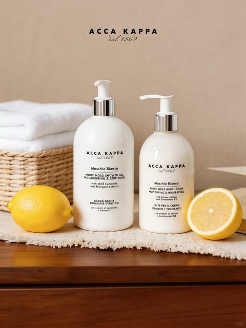 This is a photorealistic, studio-style product photograph featuring two white pump bottles of Acca Kappa bath products as the central subject, arranged symmetrically on a textured, frayed-edge linen cloth placed on a warm-toned wooden surface. The composition is balanced and serene, with a whole yellow lemon on the left and a halved lemon on the right framing the bottles, and a woven basket holding folded white towels in the soft-focused background. The lighting is soft and diffused, coming from the upper left, creating gentle highlights on the bottles' curved surfaces and subtle shadows that enhance the tactile quality of the materials without harsh contrast. The color palette is warm, neutral, and cohesive, dominated by creamy whites, natural beige from the linen and basket, warm wood tones, and vibrant pops of yellow from the lemons, with all colors rendered at a moderate saturation for an elegant, calming effect. The textures are rendered with high fidelity: the smooth, matte-gloss finish of the plastic bottles, the coarse weave of the linen, the organic rind of the lemons, and the soft terry cloth of the towels. Visible text appears on the bottles in a classic serif font and sans-serif type, primarily in black against the white background; the larger bottle is labeled 'ACCA KAPPA dal 1669' at the top, followed by 'Muschio Bianco', 'WHITE MOSS SHOWER GEL', 'MOISTURIZING & SOOTHING', and ingredient details in English and Italian ('BAGNO DOCCIA...'). The smaller bottle reads 'ACCA KAPPA dal 1669', 'Muschio Bianco', 'WHITE MOSS BODY LOTION', 'MOISTURIZING & INVIGORATING', and similar bilingual descriptive text. The brand name 'ACCA KAPPA dal 1669' also appears subtly in the top center of the background wall. The overall shape language combines the organic forms of the lemons and woven basket with the clean, geometric curves of the bottles and cylindrical pump dispensers. The mood is tranquil, luxurious, and spa-like, evoking a sense of clean, natural self-care with a timeless, sophisticated aesthetic.