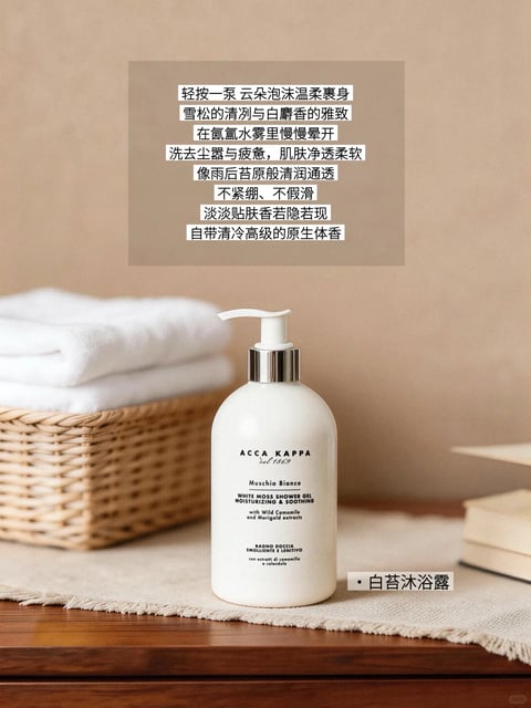 The image presents a minimalist, elegant still life composition centered on a white pump bottle of ACCA KAPPA 'Muschio Bianco' (White Moss) shower gel, set against a warm, neutral background. The bottle, with its clean, cylindrical shape, matte white finish, and simple black typography, sits on a textured, cream-colored woven mat placed atop a dark wood surface. To the left, a woven basket holds neatly stacked white towels, while a stack of books rests slightly out of focus on the right, creating balanced depth. The lighting is soft and diffused, appearing to come from the front-left, casting gentle, subtle shadows that emphasize the smooth, tactile quality of the bottle and the organic textures of the basket and mat. The color palette is dominated by warm neutrals—creams, beiges, soft browns, and the deep wood tone—with the white of the bottle and towels providing crisp highlights. The overall aesthetic is serene, luxurious, and spa-like, with a photorealistic rendering that focuses on materiality and calm. The visible text on the bottle includes the brand name 'ACCA KAPPA dal 1869', the product name 'Muschio Bianco', and descriptions in both English ('WHITE MOSS SHOWER GEL MOISTURIZING & SOOTHING') and Italian ('BAGNO DOCCIA EMOLLIENTE & LENITIVO'), detailing ingredients like wild chamomile and marigold extracts. Overlaid on the upper portion of the image is a semi-transparent beige box containing Chinese text that poetically describes the shower gel's sensory experience, mentioning 'cloud-like foam', notes of 'cedar and white musk', and a 'cool, high-end natural body scent'. The composition uses a shallow depth of field to draw focus to the product bottle, with the foreground and background softly blurred, enhancing the intimate, tranquil mood.