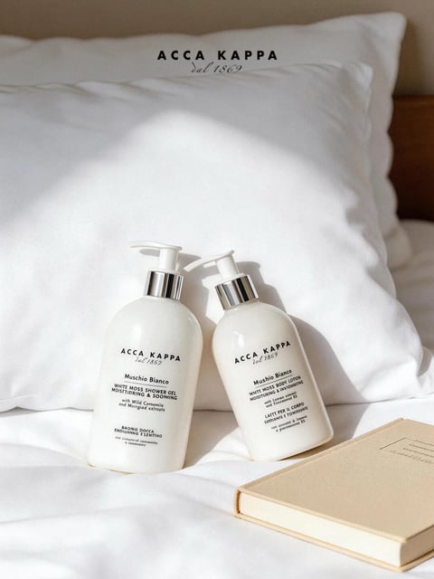 This image presents a serene, photorealistic product lifestyle scene, centered on two white pump-dispenser bottles of ACCA KAPPA toiletries placed on a white bed. The composition is intimate and close-up, with the bottles positioned slightly off-center on rumpled white bed linens, leaning against a plush white pillow. A beige, hardcover book lies in the lower right foreground, adding a narrative touch. The dominant color palette is a clean, high-key study in whites and creams, with subtle warm undertones from natural light and metallic silver accents on the bottle pumps providing cool contrast. The lighting is soft, directional, and natural, likely emanating from a window to the left, casting gentle, diffused shadows that emphasize the soft folds of the fabric and the rounded forms of the bottles, creating a calm, morning-light atmosphere. Textures are rendered with tactile realism: the smooth, matte ceramic-like finish of the bottles, the crisp yet soft weave of the cotton pillowcase and sheets, and the textured linen cover of the book. The composition uses a shallow depth of field, keeping the product labels in sharp focus while the background pillow and foreground book soften slightly. The shape language combines the clean, cylindrical geometry of the bottles with the organic, soft curves of the rumpled bedding. Visible text includes the brand 'ACCA KAPPA' and 'dal 1869' on both the pillow and bottles, the product names 'Muschio Bianco' (White Moss) and descriptions like 'WHITE MOSS SHOWER GEL' and 'WHITE MOSS BODY LOTION' in a clean, black, serif typeface, reinforcing a brand identity of minimalist luxury and natural ingredients. The overall mood is one of tranquil, elegant simplicity and restful personal care.