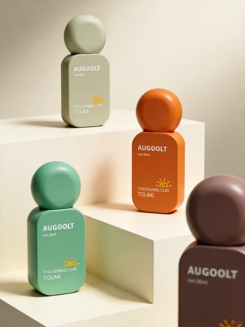 The image displays a minimalist, 3D-rendered product composition featuring four stylized bottles arranged on stepped, white geometric platforms. The bottles, each with a rounded, pill-like rectangular body and a spherical cap, are presented in a matte, soft-touch material finish in distinct muted earth tones: sage green, terracotta orange, mint green, and chocolate brown. The composition uses a shallow depth of field, with the mint green bottle in the foreground left and the orange bottle in the midground being in sharp focus, while the sage green bottle in the background and the chocolate brown bottle in the extreme foreground right are softly blurred. Visible text on the bottles includes the brand name 'AUGOOLT' in a clean, white, sans-serif font, the volume 'net:30ml', and the product name 'THICKENING CON TOLIME' accompanied by a simple line-art sun icon. The lighting is soft and directional, coming from the upper left, casting gentle, diffused shadows that emphasize the bottles' rounded forms and the matte texture of the packaging, creating a calm, clean, and sophisticated commercial aesthetic with a warm, inviting color temperature.