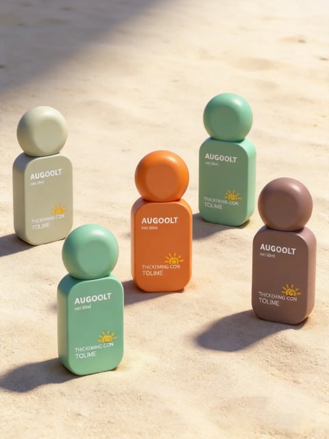 The image features five stylized, anthropomorphic bottles arranged on a light beige, textured surface resembling sand, with soft, directional sunlight casting gentle shadows. The bottles have a minimalist, rounded rectangular body and a large spherical cap, giving them a simple, toy-like, or pill-like appearance. Their overall visual aesthetic is clean, modern, and illustrative in a photorealistic 3D rendering style, with smooth matte surfaces. The color language is composed of a muted, earthy palette including sage green, terracotta orange, taupe beige, and a darker brown, all with a consistent soft, desaturated quality and a warm color temperature. The lighting is soft and comes from the upper left, creating gentle gradients and soft-edged shadows that emphasize the rounded forms. Texture and material feel are smooth, matte, and slightly porous, with a tactile, ceramic-like quality. The composition is a casual, scattered arrangement with varying depths, creating a sense of playful grouping. Shape language is predominantly geometric and organic, with smooth, rounded edges and a consistent, simple silhouette. The mood and atmosphere are calm, minimalist, and slightly whimsical, conveying a clean, natural, and approachable feeling. Visible text is printed in white sans-serif font on each bottle; the primary brand name reads "AUGOOLT," below which is "net:30ml," and further down is the phrase "THICKEMING CON TOLUME" (likely a stylized or non-standard spelling of "Thickening Conditioner") accompanied by a small, simple yellow sun icon. The text appears on the front face of each bottle body, serving as product branding and identification.