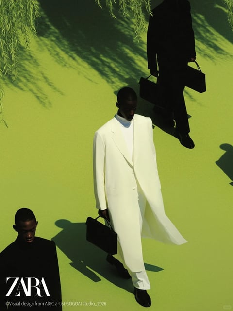 This is a high-fashion editorial image featuring a central male model in a monochromatic white ensemble, consisting of a long, single-breasted overcoat with a structured shoulder line, a high-necked white turtleneck, and matching white trousers, walking forward against a vibrant, uniform lime-green background that serves as both ground and backdrop. The composition is an elevated, slightly angled overhead shot, creating a dynamic, diagonal flow with the models moving from lower-left to upper-right. Two other figures in stark black outfits flank the central white figure—one in the lower-left foreground, partially cropped, and another in the upper-right background, carrying two briefcases—creating a strong tonal contrast and visual rhythm. Long, sharp shadows cast by hanging willow branches in the upper-left corner stretch diagonally across the green surface, adding organic, intricate patterns and a sense of directional light. Visible text includes the large, bold, white sans-serif 'ZARA' logo in the lower-left corner, and smaller white text below it reading '©Visual design from AIGC artist GOGOAI studio_2026', indicating the brand and creative source. The visual aesthetic is photorealistic yet highly stylized, with a clean, minimalist, and graphic quality. The color language is dominated by the saturated, acidic lime-green, punctuated by the absolute black and pure white of the garments, creating a high-contrast, cool-toned palette. Lighting is hard and directional, coming from the upper left, producing crisp, defined shadows and highlighting the fabric textures. Texture and material feel are rendered with precision: the white coat appears smooth and matte with subtle drape, the black garments are deep and light-absorbing, and the green surface is perfectly flat and seamless. Compositionally, the image uses strong diagonal lines from the shadows and figures' paths, with a shallow depth of field that keeps all figures sharp against the infinite background. Shape language contrasts the sharp, geometric tailoring of the suits with the organic, flowing lines of the shadowed foliage. The overall mood is sleek, modern, and cinematic, with a tense, narrative energy suggested by the contrasting figures and dramatic lighting.