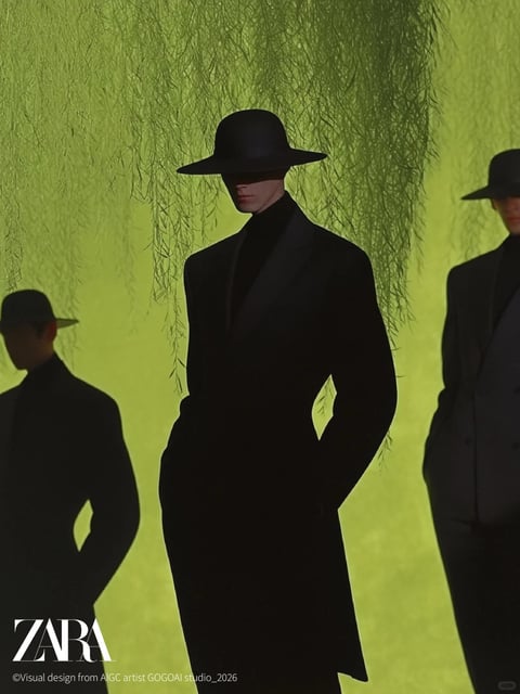 The image presents a striking, cinematic fashion photograph with a strong focus on minimalist composition and dramatic contrast. The main subject is a male model in the center foreground, standing slightly angled, wearing a long, structured black overcoat over a black turtleneck and a wide-brimmed black fedora hat that obscures his eyes in shadow. He is flanked by two other figures in similar dark attire and hats, positioned in the left foreground (partially cropped, seen from behind) and the right mid-ground, creating a symmetrical, layered arrangement against a vibrant background. The background consists of a flat, luminous chartreuse-green wall or backdrop, overlaid with the delicate, drooping branches of a weeping willow tree, which cast soft, organic shadows and add texture. The composition is balanced and uses depth of field, with the central figure sharp and the flanking figures slightly softer. Visible text appears in the lower left corner: the word "ZARA" in a large, bold, white serif font, and below it in smaller white sans-serif text, "©Visual design from AIGC artist GOGOAI studio_2026". The visual aesthetic is high-fashion and surrealist, with a photorealistic rendering style that emphasizes clean lines and stark contrasts. The color language is defined by a high-saturation, complementary palette of deep, inky blacks and vibrant, acidic green, creating intense visual tension. Lighting is directional and dramatic, appearing to come from the upper left, casting strong highlights on the right side of the central model's face and coat while plunging his front and the left side of his body into deep shadow, enhancing the mysterious, moody atmosphere. Texture and material feel are suggested through the smooth, matte finish of the overcoats and hats, contrasted with the fine, thread-like detail of the willow branches. Shape language combines the sharp, geometric silhouettes of the tailored clothing and hats with the soft, organic, curvilinear lines of the foliage. The overall mood is enigmatic, sophisticated, and slightly avant-garde, with a high visual weight concentrated in the dark central figure against the bright, open background.