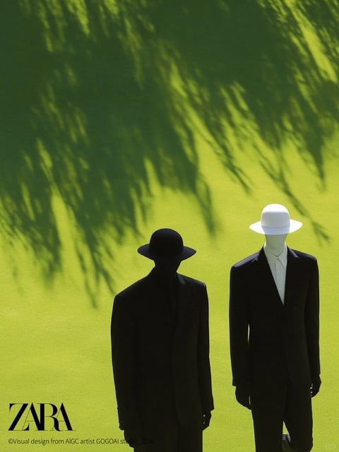 The image presents a surreal, high-concept fashion scene featuring two mannequin-like figures standing against a vibrant lime-green wall. The composition is stark and minimalist, with the figures positioned in the lower half, creating a sense of formal, theatrical stillness. The dominant visual element is the dramatic interplay of light and shadow; the wall is cast with the intricate, dappled shadow of foliage, likely from a tree or large plant, which creates a dynamic, organic pattern contrasting with the rigid geometry of the subjects. The figure on the left is rendered almost entirely as a deep black silhouette, with only the outline of a dark suit and a wide-brimmed hat discernible. The figure on the right is more defined, wearing a sharp black suit, a white shirt, and a white hat, but its 'head' is a smooth, featureless white form, enhancing the artificial, sculptural quality. The overall aesthetic is photorealistic with a sharp, graphic quality, akin to high-fashion editorial photography. The color palette is dominated by the intense, saturated lime-green background, punctuated by the stark black of the suits and the clean white of the hat and shirt, creating extreme tonal contrast. Lighting is hard and directional, coming from above and slightly to the side, casting sharp, well-defined shadows and emphasizing the flat, matte texture of the wall and the smooth, non-reflective surfaces of the figures' attire. The mood is enigmatic, cool, and slightly uncanny, evoking a sense of modernist mystery. In the bottom left corner, the text 'ZARA' is displayed in a bold, black, serif font, identifying the brand. Below it, smaller text reads '©Visual design from AIGC artist GOGOAI studio_2026', indicating the image's origin as AI-generated art. The composition uses a shallow depth of field, with the figures and wall in sharp focus, while the shadow pattern adds a layer of complex texture. The shape language is a stark juxtaposition of the organic, flowing lines of the leaf shadows against the clean, geometric, and angular forms of the suits and hats.