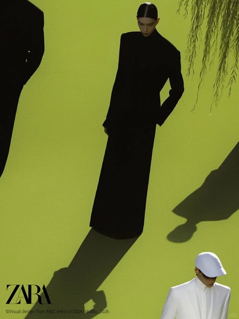 The image presents a high-fashion editorial composition featuring two models against a solid, vibrant lime-green backdrop. The primary subject is a model positioned centrally, standing with a subtle slouch, wearing a full-length, structured black garment that merges a high-neck top and a maxi skirt into a single, column-like silhouette, paired with sleek, center-parted dark hair; their form casts a long, sharp shadow stretching diagonally across the floor. In the lower right foreground, a second model is cropped from the chest up, wearing a crisp white blazer and a matching white baseball cap that obscures their face. A partial, out-of-focus black form enters from the upper left edge, and delicate, blurred willow-like foliage hangs from the upper right. The visible text includes the bold, black 'ZARA' logo in the bottom left corner, rendered in a distinctive serif typeface, with smaller, lighter text below it reading '©Visual design from AIGC artist GOGOAI studio_2026', attributing the digital creation. The visual aesthetic is photorealistic yet highly stylized, resembling a high-concept fashion photograph with clean, sharp rendering. The color language is defined by extreme contrast: the saturated, acidic lime-green background creates a stark, high-impact field against the deep, matte black of the central figure's outfit and the pure, bright white of the foreground figure's ensemble, resulting in a graphic, duotone-dominant palette. Lighting is directional and hard, originating from the upper left, casting crisp, elongated shadows that define spatial relationships and add dramatic depth, conveying a mood of stark, avant-garde sophistication. Texture and material feel are smooth and precise, with the black garment appearing as a dense, light-absorbing fabric and the white suit showing subtle, tailored seams. Composition is asymmetric and dynamic, using the strong diagonal of the shadow and the placement of figures at different depths to create visual tension and a sense of staged movement. Shape language combines the sharp, geometric tailoring of the clothing with the organic, blurred forms of the foliage and shadows. The overall mood is one of minimalist, futuristic elegance with an undercurrent of surreal stillness.
