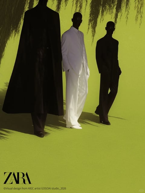 The image presents a high-fashion, minimalist composition featuring three silhouetted male figures arranged in a staggered diagonal line against a vibrant, chartreuse-green background. The central figure, rendered in full detail, wears a crisp, all-white suit with a mandarin collar, wide-leg trousers, and white shoes, standing in sharp contrast to the two flanking figures depicted as solid black silhouettes—one in a long, dramatic overcoat and the other in a standard suit. The scene is framed by the delicate, hanging fronds of a willow-like tree at the top, casting soft, dappled shadows across the figures and the flat, textured ground plane. The visual aesthetic is highly stylized and surreal, blending photorealistic rendering of the central figure's fabrics with graphic, flat silhouettes, creating a strong sense of depth through contrast and layering. The color language is dominated by the electric chartreuse background, the pure white of the central suit, and the absolute black of the silhouettes, resulting in a high-contrast, cool-toned palette with dramatic, hard-edged shadows suggesting a strong, directional light source from the upper left. The texture contrasts the smooth, matte finish of the background with the soft, draped quality of the white suit fabric and the implied density of the black forms. The composition uses a triangular spatial arrangement to create dynamic balance and depth, with the central figure acting as the clear focal point. Visible text in the bottom left corner includes the bold, black, sans-serif word 'ZARA' above the smaller, sans-serif text '©Visual design from AIGC artist GOGOAI studio_2026', identifying the brand and artistic origin. The overall mood is avant-garde, enigmatic, and sophisticated, with a high-energy visual impact derived from the stark color blocking and anonymous, posed figures.