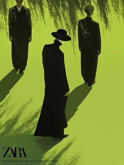 The image presents a stylized, high-fashion scene rendered with a clean, 3D aesthetic that blends photorealistic textures with illustrative flatness. Three figures, dressed in voluminous, floor-length black garments, are positioned across a vibrant, saturated lime-green background. The central figure wears a wide-brimmed hat and a long coat, angled slightly away from the viewer, while the two flanking figures stand more rigidly, one facing forward and the other with their back turned, creating a symmetrical yet dynamic triangular composition. Overhanging willow branches, rendered with delicate, detailed foliage, drape from the top edge, casting intricate, elongated shadows across the green ground plane, which enhances the depth and adds a layer of organic texture to the otherwise minimalist setting. Visible text appears in the bottom left corner: the brand name "ZARA" in a bold, elegant serif font, and below it in smaller sans-serif type, "©Visual design from AIGC artist GOGOAI studio_2026", indicating the image's origin as AI-generated commercial art. The lighting is directional and strong, coming from the upper left, creating hard-edged shadows that contrast sharply with the bright green surface and define the sculptural silhouettes of the black clothing. The overall mood is mysterious, avant-garde, and slightly surreal, with a graphic quality emphasized by the limited color palette of deep black against vivid green.