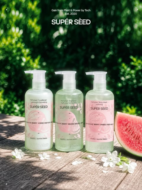 The image presents a photorealistic, lifestyle-focused product arrangement for a brand named 'SUPER SEED'. Three translucent plastic pump bottles with frosted white pumps are positioned in a row on a textured, light-brown wooden surface, likely a picnic table or deck. The bottles contain liquid products: a conditioner (white liquid, left), a shampoo (light green liquid, center), and a body wash (pale pink liquid, right). To the right of the bottles sits a fresh, cut slice of red watermelon with a green rind. Several small, white, five-petaled jasmine blossoms and loose petals are scattered artfully on the wood in the foreground. The background is a soft-focus, bokeh-filled expanse of lush green foliage, suggesting an outdoor garden setting. The overall composition is balanced and horizontal, with the bottles as the clear focal point, framed by the natural elements. The lighting is bright, natural, and directional, coming from the upper left, casting soft shadows to the right and creating gentle highlights on the plastic bottles and the wet surface of the watermelon, conveying a fresh, sunny, and refreshing mood. The color language is dominated by fresh greens (background, shampoo), soft pinks (body wash label, watermelon flesh), and clean whites (conditioner, flowers, pump tops), with the warm brown of the wood providing a grounded base. The aesthetic is clean, modern, and botanical, emphasizing natural ingredients. Visible text is present on each bottle label and at the top of the image. At the top, white sans-serif text reads 'Gain from Plant & Power by Tech', 'Est. 2020', and the brand name 'SUPER SEED' in a larger, bold font. Each bottle label features the brand 'SUPER SEED' prominently, along with product-specific text: the conditioner reads 'Perfumed 'Conditioner' Lightweight Smoothing' and includes Chinese characters '茉莉西瓜 Jasmine Melon'; the shampoo reads 'Perfumed 'Shampoo' Fluffy and Oil-Control' with the same scent text; the body wash reads 'Perfumed 'Body Wash' Hydrating' with the same scent text. The text is printed in a dark, legible font on semi-transparent labels that wrap around the bottles, which also feature a subtle, illustrative pink watermelon slice motif. The focus is sharp on the bottles and the immediate foreground elements (flowers, watermelon slice), while the background foliage is rendered with a shallow depth of field, creating a clear spatial hierarchy and drawing the viewer's eye directly to the products and their fresh, natural context.