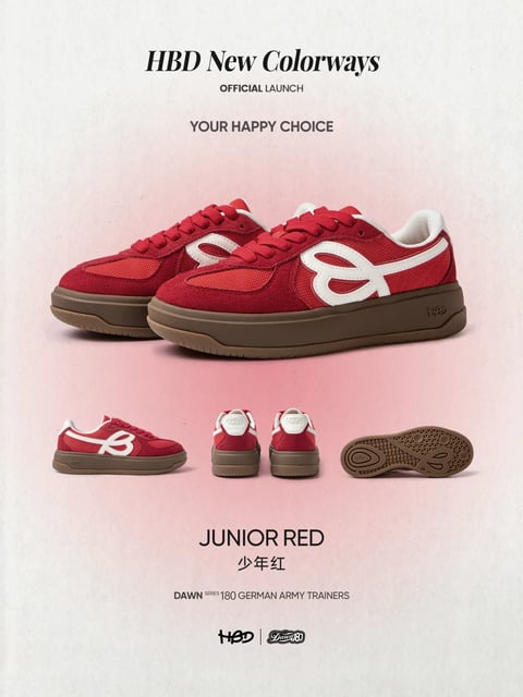 The image is a promotional poster for a pair of sneakers, featuring a clean, centered composition on a textured, soft pink gradient background that fades from a light, almost white tone at the top to a slightly deeper pink at the bottom. The main subject is a pair of 'HBD' brand sneakers in a vibrant 'Junior Red' colorway, showcased from a three-quarter front view, with additional smaller views showing the side, back, and sole. The visual aesthetic is photorealistic and commercial, with a 3D-rendered quality that emphasizes product details. The color language is dominated by the bold, saturated red of the shoe's suede and mesh upper, contrasted by clean white leather accents and a deep, earthy brown rubber sole, creating a high-contrast, energetic palette. Lighting is soft and diffused, appearing to come from the front and slightly above, casting gentle shadows that give the shoes dimension without harshness, conveying a bright and approachable mood. Texture and material feel are highly detailed, with the plush suede, breathable mesh, smooth leather, and textured rubber sole rendered to suggest a tactile, high-quality construction. The composition is hierarchical, with the large primary shoe pair dominating the upper half, while the smaller secondary views and text are arranged neatly below, creating a balanced, informational layout. Shape language blends organic curves in the shoe's silhouette and the distinctive 'B' logo with geometric precision in the sole and paneling. The mood and atmosphere are youthful, confident, and commercially appealing, with a focus on clarity and style. Textual elements include the large header 'HBD New Colorways' and 'OFFICIAL LAUNCH' at the top, the tagline 'YOUR HAPPY CHOICE,' the color name 'JUNIOR RED' with its Chinese translation '少年红,' and the product line 'DAWN SERIES 180 GERMAN ARMY TRAINERS' at the bottom, all in clean, sans-serif fonts that reinforce the modern, branded aesthetic.
