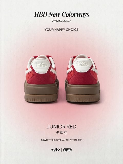 The image is a product poster for a pair of sneakers, presented from a direct rear view against a softly lit, gradient background that transitions from a light beige at the top to a soft pink at the bottom. The main subject is a pair of red and white low-top sneakers, positioned side-by-side in the center of the frame, showcasing their heel design. The sneakers feature a textured, suede-like red upper, a white heel tab embossed with the logo 'HBD', white side stripes, and a thick, dark brown rubber sole with a ribbed texture on the outsole. The composition is symmetrical and balanced, with the shoes grounding the image. Text is prominently displayed: at the top, 'HBD New Colorways' in a bold, elegant serif font, followed by 'OFFICIAL LAUNCH' and 'YOUR HAPPY CHOICE' in smaller, clean sans-serif fonts. Below the shoes, the text 'JUNIOR RED' and its Chinese translation '少年红' are centered, with 'DAWN SERIES 180 GERMAN ARMY TRAINERS' in smaller text underneath. At the very bottom, the logos 'HBD' and 'Dawn' appear. The lighting is soft and diffused, coming from above to create gentle highlights on the shoe tops and subtle shadows beneath, enhancing the three-dimensional form without harsh contrast. The visual aesthetic is clean, modern, and commercial, with a warm color palette dominated by the rich red of the shoes, the clean white accents, the earthy brown sole, and the soft pink-beige background, creating a youthful and inviting mood.