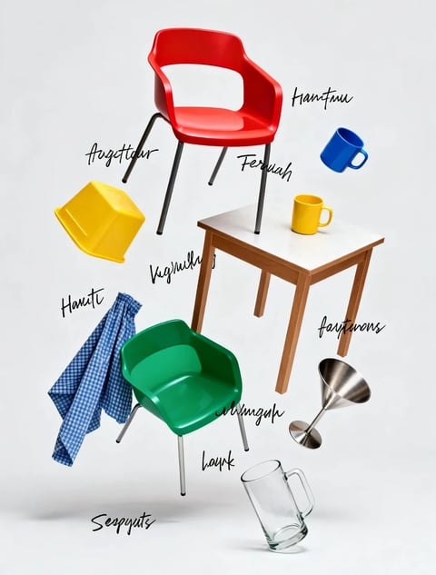 The image presents a stylized, three-dimensional still life composition featuring a collection of household objects arranged on and around a small wooden table against a plain, light grey background. The main subjects include two molded plastic chairs (one red, one green), a yellow plastic container, a blue checkered cloth, a small wooden table with a white top, a blue mug, a yellow mug, a metal martini-style glass, and a clear glass mug. These objects are arranged in a scattered, floating manner, creating a sense of dynamic, suspended space. The visual aesthetic is clean and graphic, with a 3D-rendered quality that emphasizes smooth surfaces and bold forms. The color language is vibrant and primary, dominated by saturated reds, blues, yellows, and greens, with high contrast between the objects and the neutral background. Lighting is soft and diffuse, appearing to come from the upper left, casting gentle, soft-edged shadows that ground the objects without creating harsh drama. Texture and material are clearly differentiated: the chairs and container have a smooth, matte plastic finish; the table legs show a wood grain texture; the cloth is a soft, fabric-like material; and the drinkware features reflective glass or metal surfaces. The composition uses an asymmetrical, balanced arrangement with objects placed at varying heights and depths to create visual interest and a sense of organized chaos. Shape language combines organic curves (chair seats, mugs) with geometric lines (table legs, container edges). The overall mood is playful, modern, and slightly surreal due to the gravity-defying arrangement. Several objects are annotated with black, handwritten-style script text in what appears to be a fictional or nonsensical language; these labels (e.g., 'Hantmau,' 'Argettar,' 'Fenuah,' 'Hamiti,' 'Vagnulle,' 'faytions,' 'clumnguh,' 'layrk,' 'Seopyuts') are placed near specific items, serving as stylistic labels rather than providing readable information.