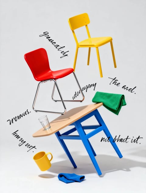 The image presents a highly stylized, photorealistic 3D composition of everyday furniture and objects defying gravity, arranged in a dynamic, floating layout against a seamless, bright white background. The main subjects include a bright yellow chair with a simple backrest suspended in the upper right, a vibrant red molded plastic chair with a silver sled base hovering mid-left, and a blue-framed wooden table tilted sharply in the foreground. Resting on the table is a clear glass of water, while a folded green towel appears draped over the table's edge, defying the tilt. Below the table, a yellow mug and a small blue cloth are also suspended in mid-air. Scattered throughout the composition are fragments of cursive, handwritten-style text in a dark gray or black script. The text includes partially legible words and phrases like 'aroundly', 'worry', 'the end.', 'wrongly.', 'hanging out.', and 'not about it.', which float alongside the objects, adding a graphic, editorial quality to the scene. The lighting is bright, even, and studio-like, casting soft but distinct shadows on the white floor beneath the floating objects, suggesting a light source from the upper left. The color palette is bold and primary, dominated by saturated yellow, red, blue, and green, creating high contrast and a playful, energetic mood. Textures are rendered with precision: the matte finish of the plastic chairs, the smooth grain of the wooden table top, the soft terry cloth of the towels, and the glossy ceramic of the mug are all distinct. The composition uses diagonal lines and staggered depths to create a sense of suspended motion and visual weightlessness, with sharp, clean edges and geometric shapes defining the objects against the negative space.