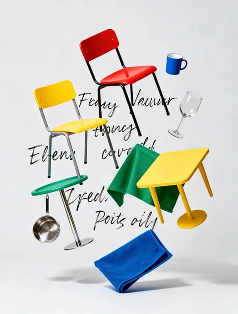 The image presents a whimsical, studio-style composition featuring a collection of household objects—two chairs (one red, one yellow), a small yellow table, a green stool, a blue mug, a clear wine glass, a stainless steel frying pan, and two folded cloths (green and blue)—all appearing to float or suspend mid-air against a plain, light gray background. The objects are arranged in a dynamic, scattered formation with overlapping elements and varied orientations, creating a sense of playful disarray. The visual aesthetic is photorealistic with a clean, product-photography quality, rendering each object with sharp detail and smooth surfaces. The color language is bold and primary, dominated by saturated red, yellow, blue, and green hues that contrast vividly against the neutral backdrop, giving the image a cheerful, graphic energy. Lighting is soft and even, likely from a diffuse studio source, casting gentle, soft-edged shadows beneath the floating objects that anchor them slightly in space without creating harsh contrasts. Text is present as handwritten, cursive script in black ink, overlaid across the center and lower portions of the composition; readable fragments include names and words such as "Feng Vaumer," "Elema," "triney," "cover," "Zyedi," and "Poit s oili," though the script is stylized and some letters are obscured by objects. The text functions as a decorative, almost calligraphic layer, adding a human, artistic touch rather than conveying clear semantic meaning. The composition is open and asymmetric, with objects distributed across the frame to guide the eye in a circular motion, utilizing overlapping and varied scales to create depth without a strong perspective. Shape language combines the geometric forms of the furniture (straight legs, flat seats) with the organic curves of the draped cloths and rounded glassware. The overall mood is lighthearted, modern, and artistic, evoking a sense of curated chaos and creative display.