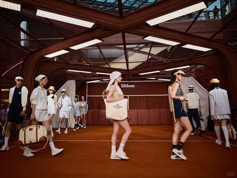 The image captures a cohesive, high-fashion tennis-themed runway show set within a stylized, indoor clay court environment. The composition is framed by a deep, terracotta-red arched structure with an industrial grid ceiling, creating a strong sense of depth and architectural enclosure. Models in athletic-chic apparel walk across the burnt-orange clay surface in a linear procession, their poses dynamic and captured mid-stride. The visual aesthetic is photorealistic and editorial, with a strong emphasis on clean lines and a curated, retro-sportswear vibe. The dominant color palette is a sophisticated blend of terracotta, cream, navy blue, and crisp white, with high contrast between the warm clay tones and the cooler, brighter apparel. Lighting is directional and dramatic, with rectangular panels in the grid ceiling casting sharp, geometric highlights and creating defined shadows that enhance the three-dimensional forms of the models and the textured environment. Textures are rendered with tactile precision: the fine granular surface of the clay court, the smooth drape of linen and cotton garments, the structured weave of canvas bags, and the glossy finish of accessories. The composition follows a strong perspectival line, with the models' path leading the eye from the foreground deep into the space, emphasizing the scale of the set. Shape language combines the organic curves of the arched architecture and human forms with the rigid geometry of the ceiling grid, court lines, and rectangular lighting. The mood is one of elevated, nostalgic athleticism, conveying a blend of energetic movement and composed, stylish detachment.
