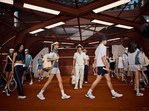 The image captures a dynamic fashion show scene on a clay tennis court, framed by an industrial-style ceiling with exposed metal beams, mesh panels, and bright rectangular fluorescent lights. The composition is layered and energetic, with models in motion walking in various directions across the reddish-brown court surface, creating depth through overlapping figures and staggered positioning. The visual aesthetic is photorealistic, rendering textures with high fidelity: the matte clay ground, the crisp fabrics of the sportswear, the polished leather of bags, and the wooden frames of tennis rackets. The dominant color palette features warm terracotta tones from the court contrasted with cool blues, whites, and navy in the clothing, enhanced by high saturation and strong contrast under the bright, directional overhead lighting that casts sharp, defined shadows. Visible text includes the brand name "Wilson" printed vertically in black on a light wooden tennis racket held by a model on the right, indicating sportswear branding. The material feel is tactile, emphasizing the mix of technical athletic fabrics, soft knits, smooth leather accessories, and natural wood and leather on rackets and bags. The mood is energetic and sophisticated, blending sporty athleticism with high-fashion elegance, conveyed through the models' confident strides, the dynamic arrangement of figures, and the blend of industrial and athletic environments.