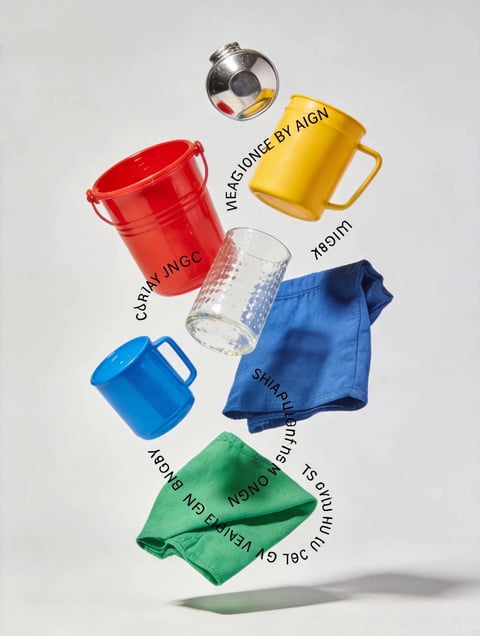 The image presents a dynamic, levitating arrangement of everyday household objects against a clean, neutral light gray background, creating a playful, floating composition. The main subjects include a red enamel bucket, a yellow enamel mug, a blue enamel mug, a clear speckled glass tumbler, a folded blue cotton t-shirt, a folded green cotton t-shirt, and a small silver metal object resembling a teapot or measuring cup at the top. The objects are suspended in mid-air with varied orientations, creating a sense of weightlessness and movement. Black text is overlaid in a curved, flowing path that weaves around the objects, with phrases like "VEAGIONCE BY AIGN," "C&RJAY JNGC," "uligbk," "SHIAPUJuMfHS M ONGN," and "DEL GU VEAIIB GN BNGBY TS UHU GUAO SL" in a sans-serif font, acting as a graphic design element rather than conveying clear meaning. The visual aesthetic is photorealistic with a clean, studio-shot quality, emphasizing vibrant, highly saturated primary and secondary colors (red, yellow, blue, green) that pop against the muted background. The lighting is soft and directional, coming from the upper left, casting subtle, diffused shadows that enhance the three-dimensional form of the objects without creating harsh contrasts. Textures are rendered with tactile clarity: the glossy, smooth enamel of the buckets and mugs, the transparent, slightly bumpy surface of the glass, and the soft, matte, woven fabric of the cotton shirts. The composition is asymmetrical and scattered, using negative space effectively to balance the visual weight of the colorful objects. Shapes are a mix of geometric (cylindrical buckets and mugs) and organic (the draped folds of the fabric), with clean edges and defined lines. The overall mood is energetic, whimsical, and modern, evoking a sense of playful domesticity and contemporary design.