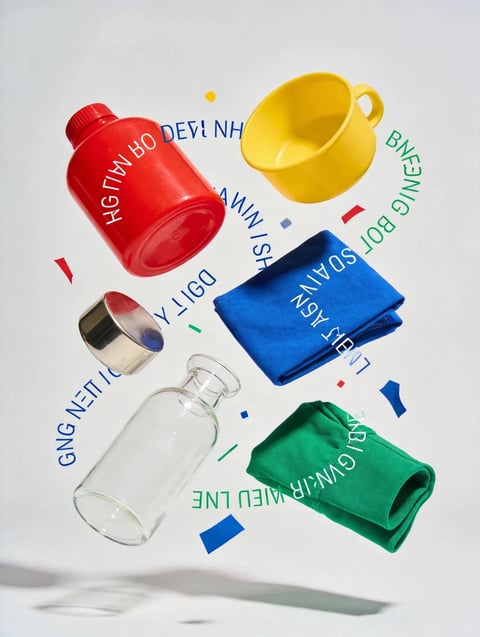 This is a photorealistic, high-angle studio shot featuring a dynamic composition of everyday objects arranged in a loose, circular pattern as if floating against a seamless, light gray background. The main subjects include a vibrant red plastic water bottle, a bright yellow ceramic mug, a folded blue t-shirt, a folded green t-shirt, a clear glass carafe, and a small metallic cup. The scene uses a bold, primary color palette with high saturation and strong contrast, creating a visually energetic and modern aesthetic. The lighting is bright and diffuse, casting soft, distinct shadows beneath each object that enhance their three-dimensionality and suggest they are suspended in mid-air. Text appears as reversed, mirrored lettering in blue and green, arranged in circular paths around the objects; readable fragments include 'DEVI NH', 'BNGING BOT', 'SDAIVN', and 'AIEDU LNE', functioning as a graphic design element rather than direct messaging. The focus is sharp across all objects, highlighting their varied textures—the matte plastic of the bottle, the smooth glaze of the mug, the soft fabric of the shirts, the reflective glass, and the polished metal—creating a tactile, product-focused mood with a clean, contemporary, and slightly playful atmosphere.