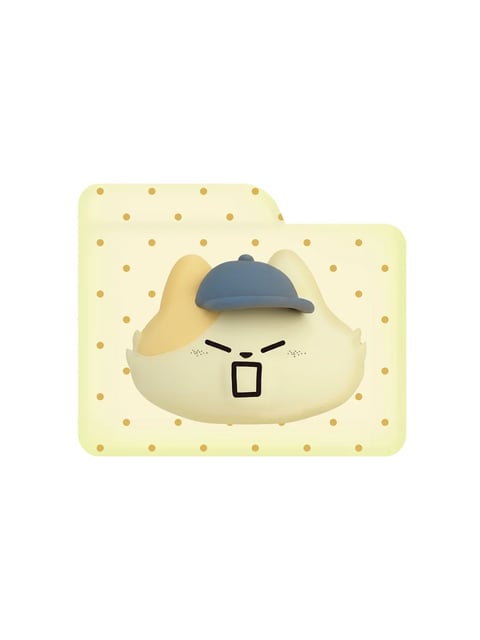 The image features a cohesive 3D illustration of a stylized, chibi-like cat character centered on a folder-shaped background. The cat has a cream-colored, rounded body with soft peachy-orange patches on its left ear and the top of its head, and it wears a slate-blue baseball cap tilted to the side. Its facial expression is playful and exaggerated, with closed, angled eyes, a small triangular nose, a wide-open rectangular mouth as if shouting or singing, and tiny freckle-like dots on its cheeks. The character is set against a pale butter-yellow folder backdrop adorned with a regular pattern of small, warm golden-brown polka dots. The rendering style is soft and volumetric with smooth gradients, giving the cat and folder a tangible, almost clay-like or vinyl toy materiality. The lighting is diffuse and even, coming from the front, which minimizes harsh shadows and enhances the gentle, approachable mood. There is no visible text in the image. The composition is simple and frontal, with the folder framing the character tightly, emphasizing its cute, animated expression and the clean, cohesive color palette of cream, peach, slate blue, and warm yellow.