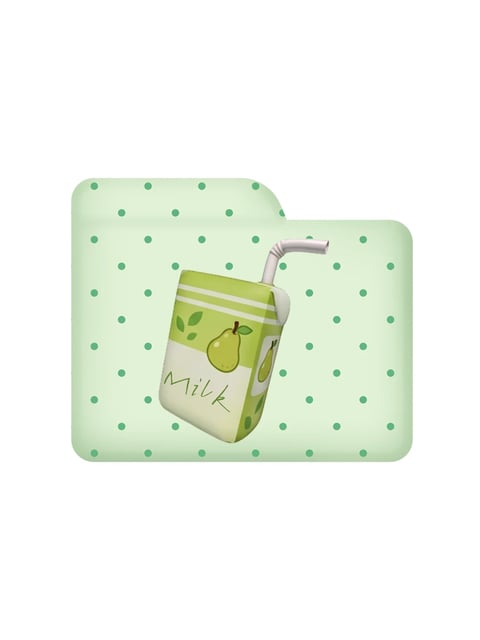 The image features a stylized, 3D-rendered folder icon with a light mint-green background patterned with evenly spaced, darker green polka dots. The main subject is a green and white juice carton, tilted at a dynamic angle and centered within the folder's frame. The carton has a bent white straw inserted into its top, and its design includes a prominent illustration of a yellow-green pear, smaller pear accents, and leaf motifs on a split green-and-white label. Visible text on the carton reads 'Milk' in a casual, handwritten cursive script, placed on the white lower section of the label. The overall visual aesthetic is playful and illustrative, with smooth, rounded 3D modeling and soft shading that gives the objects a clean, tactile quality. The color language is dominated by a cohesive palette of soft mint, vibrant lime green, and creamy white, with low contrast and a cool, fresh temperature. Lighting is soft and diffused, appearing to come from the upper left, creating gentle highlights and subtle shadows that enhance the folder's depth and the carton's volume. The composition uses the folder as a containing frame, with the angled carton creating a sense of movement against the static polka-dot background. Shape language combines the geometric, rounded rectangle of the folder with the organic, softened edges of the carton and fruit illustration. The mood is cheerful, fresh, and whimsical, evoking a sense of light, healthy refreshment.