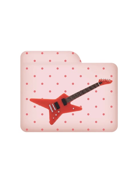 The image features a stylized, 3D-rendered red electric guitar with an angular, star-like body shape, positioned diagonally across a soft pink folder icon. The folder has a subtle, rounded tab at the top and is adorned with a repeating pattern of small, dark red polka dots. The guitar is the central focus, rendered with a glossy, reflective surface that catches soft, directional light from the upper left, creating gentle highlights and subtle shadows that give it a tangible, plastic-like material quality. The composition is centered and balanced, with the guitar's dynamic diagonal line contrasting against the static, rectangular folder shape. The color palette is dominated by warm, saturated reds and pinks, with the guitar's bright red standing out against the muted, pastel pink background, creating a playful and vibrant mood. There is no visible text in the image.