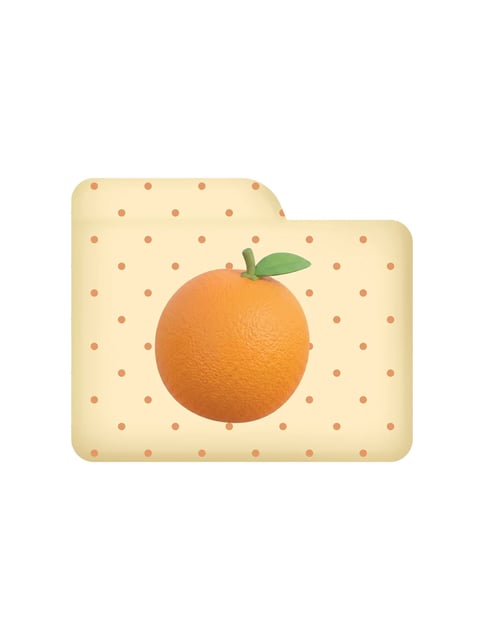 The image features a digital icon of a file folder, rendered in a stylized, semi-3D illustrative aesthetic with soft, rounded edges and a smooth, matte finish. The folder is a warm, pale cream or light beige color, decorated with a repeating pattern of small, muted orange polka dots. Centered on the folder's front face is a large, realistic-looking orange with a vibrant, textured peel and a small green stem and leaf. The composition is simple and iconic, with the orange serving as the dominant visual element against the patterned background. The lighting is soft and diffused, creating subtle gradients that give the folder and the orange a gentle sense of volume and form without harsh shadows. There is no visible text in the image. The color palette is warm and cohesive, dominated by shades of cream, beige, and orange, with the green leaf providing a small, complementary accent. The overall mood is cheerful, friendly, and clean, with a tactile, almost toy-like quality to the rendering.