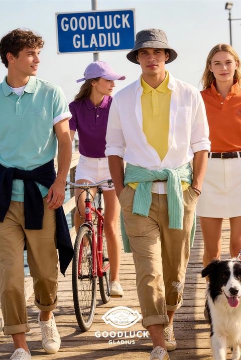 The image is a photorealistic, editorial-style fashion photograph featuring four young adults (two men and two women) walking along a sunlit wooden pier, accompanied by a black and white dog and a red bicycle, creating a lively, aspirational scene of leisure and camaraderie. The composition is a medium full shot with a shallow depth of field, placing the group in sharp focus against a softly blurred background of water and a distant blue sign. Visible text includes a blue sign in the background with the white, sans-serif words "GOODLUCK GLADIU" and a logo at the bottom center featuring a diamond-shaped emblem with a stylized animal head and the text "GOOD LUCK GLADIUS," with the same phrase repeated in larger, bold white letters below; this text functions as branding and contextual signage within the scene. The visual aesthetic is clean and bright, with a color language dominated by a saturated, primary and secondary color palette of mint green, sunny yellow, vibrant orange, rich purple, and crisp white, anchored by neutral khaki trousers and white shorts. The lighting is bright, directional sunlight coming from the upper left, casting soft but defined shadows and creating warm, high-contrast highlights on fabrics and skin, evoking a cheerful, midday summer atmosphere. Texture and material feel are rendered with sharp detail, emphasizing the soft piqué of polo shirts, the smooth cotton of button-downs, the knit texture of a tied sweater, and the matte finish of chino cloth. The composition arranges the figures in a loose, staggered line moving toward the viewer, with the man in the yellow polo as the central anchor, creating dynamic spatial relationships and a sense of forward movement. Shape language combines the organic forms of the figures and dog with the clean, geometric lines of the clothing collars, the bicycle frame, and the pier's planks. The overall mood is upbeat, youthful, and relaxed, conveying a sense of aspirational, preppy casualness and outdoor social energy.