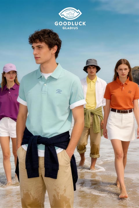 The image is a photorealistic style photograph, presenting four young adults walking on a sandy beach at the edge of the ocean, with a clear blue sky above. The composition is centered around a male figure in the foreground, who is looking leftward, with the other three figures arranged behind and to his sides, creating a shallow depth of field. The dominant color palette is bright and saturated, featuring pastel and vibrant hues such as mint green, purple, orange, yellow, and white, contrasted against the deep blue sky and the warm beige of the sand and skin tones. The lighting is bright, direct, and natural, suggesting a sunny day, with hard shadows and high contrast that accentuate the textures of the clothing and the wet sand. The texture and material feel are rendered with high detail, showcasing the soft, matte quality of the cotton polo shirts, the crispness of the white shorts and skirt, the knit of the sweaters tied around waists, and the wet, gritty appearance of the sand on the legs and feet. The composition uses a medium shot with a slightly low angle, framing the figures from the knees or mid-thigh up, and employs spatial arrangement to create a sense of casual group movement. The shape language is primarily organic, defined by the natural forms of the human bodies and the soft curves of the waves and shoreline, with clean, structured lines from the collars and seams of the polo shirts. The mood and atmosphere are youthful, energetic, and leisurely, conveying a sense of relaxed, sunny vacation style. Visible text appears at the top center of the image: a logo consisting of a stylized fish or dolphin shape within a diamond outline, with the words "GOOD LUCK" above and "GLADIUS" below it in a sans-serif font, and the same text "GOODLUCK GLADIUS" repeated in larger, bold white capital letters directly beneath the logo, serving as a brand identifier.