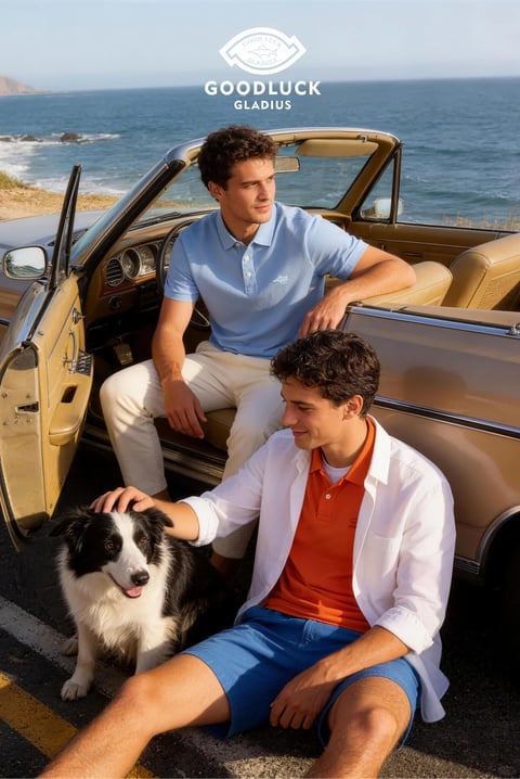 The image is a photorealistic fashion photograph capturing a relaxed, sun-drenched scene on a coastal road with a vintage convertible car. Two young men are the main subjects: one sits in the driver's seat of a cream-interior convertible, wearing a light blue polo shirt and off-white trousers, looking out towards the sea; the other sits on the asphalt outside the car, wearing an orange polo shirt under an open white button-down shirt and blue shorts, gently petting a black-and-white Border Collie beside him. The composition is balanced, with the car angled to create depth and the subjects positioned in a natural, candid manner against a backdrop of blue ocean and clear sky. Visible text appears at the top center: a logo featuring a stylized fish emblem within a shield shape, with the words "GOODLUCK" in bold uppercase letters above "GLADIUS" in smaller uppercase letters, both in white against the sky, serving as a brand identifier. The visual aesthetic is polished and commercial, with a warm, golden-hour color palette dominated by soft blues, warm terracottas, creamy beiges, and deep asphalt blacks, all rendered with high saturation and gentle contrast. The lighting is directional and soft, coming from the right side to cast warm amber highlights on the subjects' skin and clothing while creating soft, elongated shadows, evoking a serene, late-afternoon mood. Textures are rendered with tactile realism: the smooth, breathable pique of the polo shirts, the crisp cotton of the open shirt, the glossy metallic paint and chrome trim of the vintage car, the soft fur of the dog, and the rough asphalt road surface. The composition uses a medium shot framing with the car door open to lead the eye inward, creating spatial layers between the foreground dog, middle-ground subjects, and background sea. Shapes combine organic curves of the human forms and dog with the geometric lines of the car's body and interior details, with clean edge treatment and moderate line weight in the photographic rendering. The overall mood is calm, aspirational, and leisurely, with a visual weight balanced between the subjects and the serene coastal environment, conveying a sense of relaxed sophistication and casual elegance.