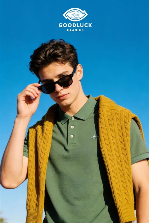 The image is a vertically oriented, photorealistic fashion photograph featuring a young male model as the central subject, positioned against a clear, vibrant blue sky that serves as a minimalist backdrop. The model is framed from the mid-torso up, looking directly at the viewer with a confident, relaxed expression while adjusting a pair of black sunglasses with his right hand. He wears a dark olive-green polo shirt with a small, embroidered shark logo on the left chest, and a mustard-yellow cable-knit sweater is casually draped over his shoulders. The visual aesthetic is clean and modern, with a high-contrast, saturated color palette dominated by the deep blue of the sky, the earthy green and yellow of the clothing, and the warm skin tones of the model. The lighting is bright, direct natural sunlight, coming from the upper left, casting soft shadows on the right side of the model's face and creating a strong highlight on his hair and the left side of his clothing, conveying a sunny, outdoor mood. Text appears at the top center of the image: a white logo featuring a stylized shark within a rounded rectangular border with the words 'GOOD LUCK' above and 'GLADIUS' below the shark, followed by the larger text 'GOODLUCK' and 'GLADIUS' in a clean, sans-serif font underneath, serving as brand identification. The composition uses a shallow depth of field, keeping the model sharply in focus against the slightly out-of-focus sky, emphasizing the texture of the cable-knit sweater and the smooth fabric of the polo shirt. The overall mood is aspirational, casual, and effortlessly cool, with a strong emphasis on contemporary menswear styling and outdoor leisure.