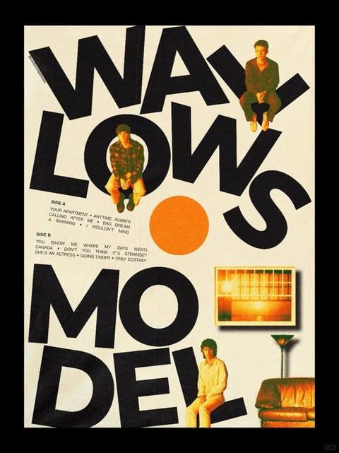 The image features a collage-style composition with large, bold, black sans-serif typography spelling 'WAVLOWS MODE-' across a cream background, with a vibrant orange circular shape positioned centrally. Integrated into the typographic layout are three photographic cutouts of a young man in casual attire (two in patterned shirts, one in a light shirt) sitting on or within the letters, creating a dynamic interplay between text and figure. A small, framed rectangular insert shows a warmly lit interior scene with a grid-like window, and a stylized illustration of a brown leather armchair with a green floor lamp appears in the bottom right. The overall visual aesthetic is flat and graphic, reminiscent of vintage poster design or indie album art, with high-contrast black typography against a muted off-white ground, punctuated by saturated orange and green accents. The color language leans into a warm, retro palette with creamy beiges, deep blacks, burnt orange, and olive greens, rendered with a slightly textured, matte finish that suggests screen-printing or risograph effects. Lighting within the photographic cutouts appears soft and natural, while the framed interior scene glows with a warm, diffused amber light. Texture is minimal and graphic, with clean edges on the typography and slightly grainy, analog qualities in the photographic elements. The composition is asymmetrical and layered, using overlapping elements and negative space to guide the eye, with strong geometric shapes from the letterforms contrasted by the organic forms of the human figures and furniture. The mood is nostalgic, introspective, and artistically curated, blending DIY collage aesthetics with modern graphic design.