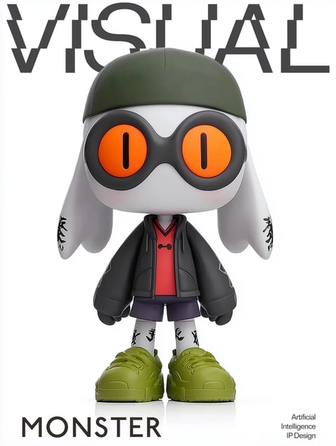 The image features a stylized 3D character, a bunny-like figure, centered against a plain white background. The character is a designer toy with a smooth, matte white finish on its head and long ears, which have black calligraphic or illustrative markings on the inner surfaces. It wears a dark olive green baseball cap, large round black goggles with vibrant orange lenses that have vertical slit pupils, a black hooded jacket over a red V-neck shirt with a small black toggle detail, dark grey shorts, white socks with black graphic patterns, and oversized olive green sneakers. The overall aesthetic is a clean, high-quality 3D render with a vinyl toy or collectible figurine feel. The color palette is defined by high contrast, pairing neutral whites and blacks with saturated accents of orange and red, grounded by earthy olive green tones. Lighting is soft and diffused, coming from the front-left, creating gentle highlights and subtle shadows that emphasize the toy's rounded forms and material smoothness. Text elements are prominent: the word "VISUAL" appears in large, bold, dark grey sans-serif capital letters across the top, partially behind the character's head; the word "MONSTER" is in smaller, similar dark grey capitals at the bottom left; and small text reading "Artificial Intelligence IP Design" is aligned in the bottom right corner. The composition is symmetrical and character-focused, with a shallow depth of field that keeps the entire figure sharp against the neutral backdrop, creating a studio-shot mood that highlights the character's urban, playful, and collectible design.