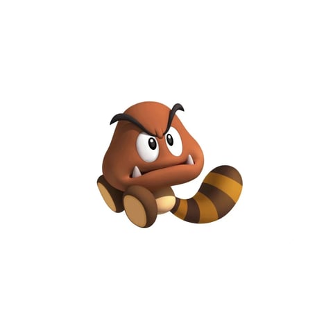 The image features a single, stylized 3D character rendered in a clean, digital style against a pure white background. The character is a rounded, brown creature with a grumpy or angry expression, characterized by thick, arched black eyebrows, large white eyes with small black pupils, and a wide mouth showing two prominent white fangs. Its body is simple and blob-like, with two small, stubby feet that have light beige soles. Extending from its side is a long, segmented tail with alternating stripes of dark brown and a muted golden-yellow. The rendering is smooth with soft, diffused lighting that creates gentle shadows and highlights, giving the character a tangible, slightly rubbery or matte plastic texture. The composition is centered and focuses entirely on the character, with no other objects or environmental elements. The color palette is limited to earthy tones—browns, beige, and gold—creating a cohesive, warm yet subdued look. The shape language is predominantly organic and rounded, with soft edges and no harsh lines. There is no visible text or readable words in the image. The overall mood is one of playful grumpiness, typical of a cartoonish enemy or obstacle character.