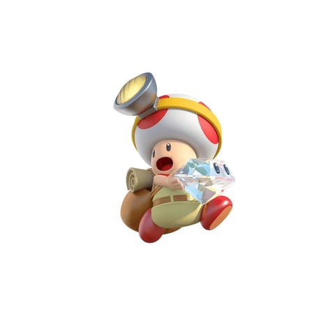 This is a 3D-rendered character illustration featuring Toad from the Super Mario franchise, depicted in an explorer or adventurer outfit. The character is centrally composed against a pure white background, captured in a dynamic, mid-air pose as if jumping or floating with excitement. He wears a classic white mushroom cap with red spots, but it's accessorized with a yellow headband and a silver headlamp with a golden lens. His outfit consists of a beige, textured tunic with brown straps and red shoes. He carries a brown backpack with a rolled-up mat attached. Toad's expression is one of wide-eyed surprise and joy, with his mouth open in an 'O' shape, as he holds a large, multifaceted, translucent blue crystal that resembles a diamond with small black eyes embedded in it. There is no readable text in the image. The visual aesthetic is high-quality 3D animation style, similar to modern Nintendo game renders, with smooth, clean surfaces and soft shading. The color language is vibrant and saturated, dominated by the warm reds of Toad's spots and shoes, the cool, reflective blues of the crystal, and the neutral beige and brown of his gear, all set against the stark white background for high contrast. The lighting is soft and diffuse, coming from the upper left, creating gentle highlights on the headlamp and crystal while casting soft shadows that give the character volume and a sense of depth. Textures are rendered with a tactile feel: the fabric of the tunic has a fine weave, the mushroom cap looks smooth and slightly matte, the crystal appears hard and refractive, and the backpack has a leathery grain. The composition is simple and focused, with the character filling the central frame, emphasizing his action and the object he's holding. The shape language combines the organic, rounded forms of Toad's body and cap with the sharp, geometric facets of the crystal. The overall mood is playful, energetic, and full of wonder.