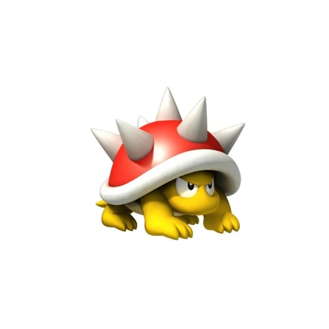The image features a single, stylized 3D-rendered character, a Koopa Troopa from the Super Mario franchise, isolated against a pure white background. The character is depicted in a low, crouching stance with its limbs splayed, creating a compact, grounded composition centered in the frame. Its most prominent visual element is a large, domed red shell with a thick white rim, adorned with six conical, off-white spikes arranged symmetrically. The character's body is a bright, warm yellow, with a smooth, slightly glossy surface that catches soft highlights. Its facial expression is determined and slightly aggressive, conveyed through large, almond-shaped eyes with black pupils and angled eyebrows. The visual aesthetic is clean, cartoonish, and characteristic of modern Nintendo 3D game assets, with smooth, rounded forms and sharp, well-defined edges. The color palette is simple and high-contrast, dominated by the saturated red of the shell, the vivid yellow of the body, and the crisp white of the shell's rim and the background, with subtle grey shading on the spikes for depth. The lighting is soft and diffused, appearing to come from the upper front, creating gentle gradients and soft shadows underneath the character that ground it in space without harsh contrast. The material feel is plastic-like and smooth, with the shell having a higher specular shine than the more matte yellow skin. There is no visible text or language present in the image. The overall mood is playful yet confrontational, typical of a video game enemy, with a visual weight centered on the spiky, protective shell.