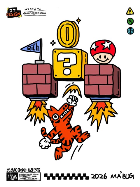 The image is a vibrant, flat-style digital illustration with a playful, video game-inspired aesthetic, rendered in bold lines and solid colors. The central composition features a dynamic, anthropomorphic orange tiger character with black stripes, white gloves, and a determined expression, leaping upward with a clenched fist. This character is flanked by two large, red brick blocks that serve as rocket boosters, each emitting bright yellow and orange flames from their bases, suggesting rapid upward movement. Positioned between and slightly above these rocket blocks is a classic yellow "?" block, from which a large, gleaming gold coin emerges, surrounded by small star-like sparkles. The overall scene is set against a clean white background, creating a high-contrast, graphic feel. Visible text includes "MAHOOD DESIGN" and "2026" in the top left corner, a blue pennant flag on the left rocket block reading "Rich," and at the bottom, text elements reading "MAHOOD LIFE," a small tagline "Carelessness is talent. roughness is buff. MAHOOD. 2015.05.14," a series of blocky symbols, and "2026 MA'BUG." The text appears in various handwritten and stylized fonts, contributing to a custom, artistic brand identity. The color palette is saturated and energetic, dominated by warm oranges, reds, and yellows from the character and flames, contrasted with the cool blue of the flag and small decorative elements, and grounded by the solid black outlines and white background. Lighting is flat and graphic, with no directional shading, emphasizing the illustrative style. Textures are minimal, with the brick blocks showing simple grid lines and the coin a slight highlight for dimensionality, but overall surfaces are smooth and cartoonish. The composition is centered and symmetrical in its arrangement of the rocket blocks, creating a balanced, iconic layout that draws the eye upward from the leaping tiger to the coin and question block. Shape language is a mix of organic curves for the character and geometric rectangles and squares for the blocks and UI elements, all defined by thick, consistent black outlines with no soft edges. The mood is high-energy, adventurous, and whimsical, evoking a sense of dynamic action and reward within a stylized game universe.