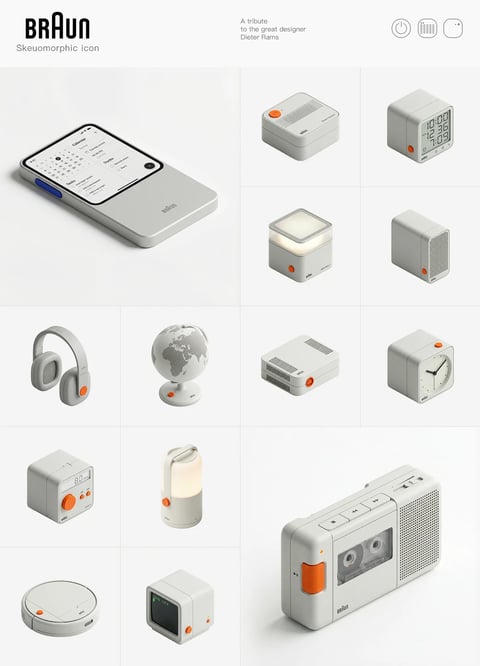 This image presents a curated moodboard featuring a collection of product design objects rendered in a distinct skeuomorphic style, explicitly framed as a tribute to designer Dieter Rams. The composition is organized on a clean, off-white background, with objects arranged in a loose grid, creating a sense of order and showcasing each item individually. The dominant visual elements are a series of electronic and household objects—such as a smartphone, headphones, a globe, a portable cassette player, clocks, speakers, and lights—all unified by a consistent aesthetic language. The visual aesthetic is photorealistic 3D rendering with a strong emphasis on skeuomorphism, where digital icons are imagined as tangible, physical objects with realistic material properties. The color language is minimalist and restrained, characterized by a dominant palette of cool, light greys and whites, punctuated by specific, saturated accent colors like orange and blue for buttons and controls, creating high-contrast focal points. The lighting approach is soft and diffuse, with gentle, directional shadows that define the forms without creating harsh drama, suggesting a clean studio environment. Texture and material feel are rendered with precision, showcasing matte plastic surfaces, fine mesh grilles, and smooth glass screens, giving a strong tactile impression of well-crafted industrial products. The composition uses negative space effectively, with objects floating in their own cells, emphasizing their individual forms while the grid layout provides structural rhythm. Shape language is predominantly geometric and orthogonal, featuring clean lines, rounded corners, and modular forms typical of modernist industrial design. The overall mood and atmosphere convey a sense of calm, functional elegance, and nostalgic reverence for mid-century modern design principles. Visible text includes the bold 'BRAUN' logo at the top left, the subtitle 'Skeuomorphic icon', and the dedication 'A tribute to the great designer Dieter Rams' at the top center, all in a clean, sans-serif typeface that reinforces the minimalist aesthetic.