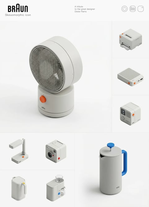 The image showcases a clean, minimalist collection of conceptual product designs presented in a grid-like moodbook layout against a seamless white studio backdrop. The main subject is a collection of household and tech objects unified by a distinct design language, with a large, off-white electric fan with an orange knob dominating the left side. Surrounding it are smaller product shots: a white printer, a power bank, a digital clock, a desk lamp, a camera, a coffee grinder, an electric kettle, and a French press. Visible text includes the brand logo 'BRAUN' in the top left, the subtitle 'Skeuomorphic icon', and the dedication 'A tribute to the great designer Dieter Rams' in the top right, all in a clean sans-serif font, establishing the image's context as a design homage. The visual aesthetic is photorealistic 3D rendering with a focus on skeuomorphism, mimicking the physicality and tactile quality of real objects. The color language is predominantly neutral, featuring shades of matte off-white and light grey, punctuated by small, saturated accents of safety orange, blue, and yellow on control knobs and handles, creating a high-contrast, functional palette. Lighting is soft, diffused, and studio-quality, casting gentle, directional shadows that emphasize form without harshness. Texture and material feel are rendered as smooth, matte plastic with subtle surface imperfections, while grilles and perforated areas add tactile detail. Composition patterns are orderly and balanced, using a grid structure with ample negative space to isolate each object, creating a sense of curated precision. Shape language is strictly geometric and cylindrical with soft, rounded edges, avoiding sharp corners. The overall mood and atmosphere are serene, orderly, and deeply nostalgic, evoking a sense of timeless, functional elegance and quiet intellectual appreciation for industrial design.