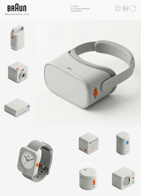 This image is a moodboard-style reference sheet presenting a collection of minimalist, skeuomorphic electronic product designs, presented in a clean, studio-like composition against a neutral off-white background. The central and largest element is a VR headset rendered in a soft, matte light gray with rounded rectangular forms and a textured gray fabric strap, featuring a prominent orange-red physical slider on its side. Surrounding this are seven smaller product renderings arranged in a grid-like fashion: a rectangular speaker or radio with a handle, a cube-shaped projector or camera, a flat rectangular media player with a purple accent, a minimalist analog wristwatch with a square face, a desktop calculator, a cylindrical container or device with a blue button, a small cylindrical speaker with an orange slider, and a compact washing machine or dryer model. All items share a unified design language of smooth, matte gray surfaces, soft bevels, and sparse, high-contrast physical controls, primarily in orange or blue. Visible text includes the bold, sans-serif 'BRAUN' logotype in the top left corner, with the phrase 'Skeuomorphic icon' beneath it, and a tribute text in the top right reading 'A tribute to the great designer Dieter Rams' alongside three minimal UI icon line drawings. The rendering style is photorealistic 3D, with soft, diffuse lighting from the upper left casting gentle, subtle shadows that emphasize form and volume. The color palette is strictly restrained to cool light grays, warm off-whites, and strategic pops of saturated orange-red, blue, and purple, creating a high-contrast yet serene visual language. The overall aesthetic is one of extreme functional minimalism, tactile precision, and retro-futuristic nostalgia, directly referencing the iconic industrial design principles of Dieter Rams.