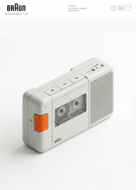 The image presents a photorealistic 3D render of a modern, minimalist portable cassette player, positioned at a slight angle on a plain, off-white surface that extends into a seamless background. The device, the central subject, features a clean, rectangular form with softly rounded edges, rendered in a matte, light gray or off-white plastic material. The front face is dominated by a transparent window revealing a detailed, translucent cassette tape inside, with visible reels and magnetic tape. To the left of the window is a prominent, textured orange play/pause button, and above the window are three minimalist, square buttons for stop, rewind, and fast-forward functions. The right side of the device features a large, perforated speaker grille with a precise grid pattern. Visible text includes the brand name 'BRAUN' in a clean, sans-serif typeface at the bottom left of the device's front. In the top left corner of the image, the text 'BRAUN' appears in a larger, bold version of the same font, with 'Skeuomorphic icon' written below it. In the top center, smaller text reads 'A tribute to the great designer Dieter Rams'. Three small, circular iconographic elements (power, grid, and a two-dot symbol) are aligned in the top right corner. The lighting is soft and diffuse, coming from the upper left, casting subtle, soft shadows that emphasize the device's three-dimensional form and the tactile qualities of its surfaces, such as the matte finish of the body, the slight gloss on the buttons, and the textured orange button. The overall color palette is restrained and neutral, dominated by whites and light grays, with the orange button providing a single, saturated accent. The composition is centered and balanced, using negative space to focus attention on the object. The mood is one of serene, functional elegance and nostalgic modernism, with a high level of detail and material fidelity that conveys a premium, tactile feel.