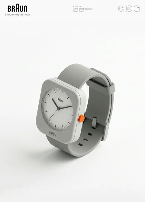The image features a minimalist, square-faced analog watch centered against a plain white background, presented in a clean, product-focused composition with soft shadows creating a sense of depth. The watch has a matte gray silicone strap and a matching gray square casing with rounded edges, housing a white circular dial with black hour markers, thin black hands, and a small orange accent on the side crown. In the top left corner, bold black text reads 'BRAUN' above smaller text stating 'Skeuomorphic icon,' while centered at the top is smaller gray text declaring 'A tribute to the great designer Dieter Rams,' and three small iconographic symbols appear in the top right. The visual aesthetic is a photorealistic 3D render with a focus on smooth, seamless surfaces and precise geometric forms, emphasizing a modernist, functional design language. The color palette is predominantly neutral, featuring cool light grays and off-whites with high contrast against the stark background, punctuated by a single vibrant orange accent for visual interest. Lighting is soft and diffused from the upper left, creating gentle gradients and soft-edged shadows that enhance the watch's three-dimensionality without harsh highlights. Textures are smooth and uniform, suggesting matte plastic or silicone materials with a clean, tactile feel. The composition is centered and symmetrical, with the watch angled slightly to reveal its side profile, using negative space to draw focus entirely to the product. Shape language is strictly geometric, combining a square frame with a circular dial, rounded corners, and straight, clean lines. The overall mood is serene, sophisticated, and precise, evoking a sense of timeless, functional elegance rooted in mid-century modern design principles.