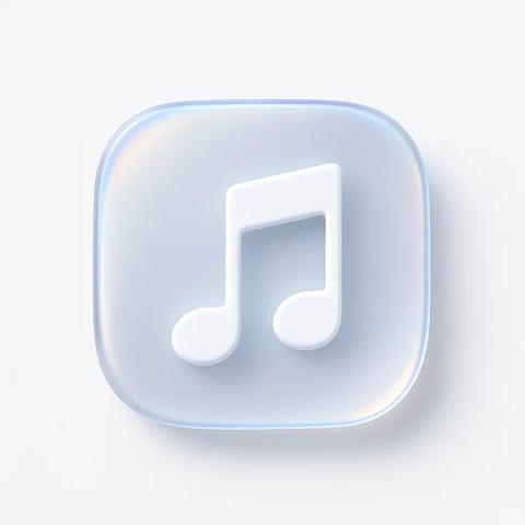 The image features a single, centered 3D-rendered icon of a musical note—specifically a beamed eighth note pair—set against a plain, neutral white background. The composition is minimalist and focused, with the icon occupying the central frame, casting a soft, diffuse shadow beneath it that adds a sense of depth and floating placement. The visual aesthetic is clean and modern, utilizing a smooth, glossy 3D rendering technique that emphasizes a soft, almost gel-like material. The color language is subtle and monochromatic, dominated by cool, pale blue and white tones with a gentle iridescent sheen along the rounded edges of the icon’s backing, which exhibits a very low saturation level and soft contrast. The lighting approach is soft and ambient, appearing to come from the upper left, creating gentle highlights on the raised musical note and subtle gradients across the smooth surface, conveying a calm and serene mood. The texture and material feel are polished and tactile, with the backing resembling a frosted or translucent glass-like material and the note itself appearing as a solid, smooth white form. The shape language is organic and rounded, with the backing as a soft-cornered square and the note composed of smooth curves and soft edges, avoiding harsh geometry. The overall mood and atmosphere are tranquil, clean, and slightly futuristic, with a low-energy, visually light presence. There is no visible text in the image.