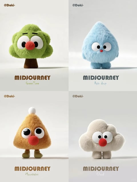This image presents a 2x2 grid of four distinct, 3D-rendered characters, each designed as a plush, felt-like toy embodying a natural element. The overall composition is a clean, centered product-style showcase against a neutral, light gray studio backdrop, with each character positioned centrally within its quadrant. The visual aesthetic is highly stylized and photorealistic in its material rendering, resembling high-quality, handmade plushies or designer toys. The color language is soft and desaturated, with dominant hues of green, light blue, warm ochre, and off-white, creating a gentle, approachable palette. The lighting is soft and diffused, coming from the upper-left, casting subtle, soft shadows that ground the characters and enhance their three-dimensional, tangible quality without creating harsh contrasts. Texture and material are central to the style; each character has a distinct fuzzy, fibrous surface reminiscent of felt, fleece, or sherpa fabric, with a tactile, soft, and squeezable appearance. The shapes are simple, rounded, and organic, combining blob-like forms with minimal geometric elements (like the triangular mountain shape), featuring large, prominent googly eyes and small, round red noses that create a consistent, cute facial schema across all designs. The mood is playful, whimsical, and comforting, with a low-energy, friendly atmosphere. Visible text appears consistently below each character: the word 'MIDJOURNEY' in a bold, rounded, sans-serif font, with a smaller, handwritten-style label beneath it (e.g., 'Green Tree', 'Rain drop', 'Mountains', 'Cloud') identifying the element the character represents; the handle '@Doki-' appears in the top-left corner of each quadrant.