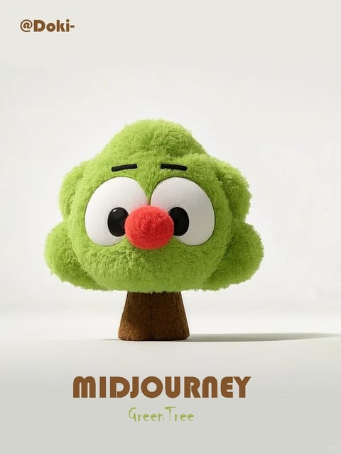 This image presents a central, anthropomorphic plush toy shaped like a stylized green tree, set against a plain, off-white background in a portrait-oriented composition. The main subject is a soft, fuzzy green tree canopy with a brown, cylindrical plush trunk, featuring large, round white eyes with black pupils, a prominent red pom-pom nose, and two small, black, slightly downturned eyebrows that give it a concerned or curious expression. The scene is minimalist, with the plush figure centered in the frame, casting a soft, subtle shadow to its right, creating a sense of gentle depth. Visible text appears in two locations: in the top-left corner, the handle "@Doki-" is written in a simple, dark brown sans-serif font, and at the bottom, the word "MIDJOURNEY" is displayed in large, bold, dark brown rounded sans-serif letters, with the subtitle "Green Tree" below it in a smaller, lighter green, casual script font, serving as a title or branding element. The visual aesthetic is that of a high-quality 3D digital render or a professionally photographed physical plush, with a photorealistic yet stylized quality. The color language is dominated by vibrant, saturated grass green for the canopy, a warm medium brown for the trunk, crisp white for the eyes, and a bright cherry red for the nose, all set against a neutral, high-key background with high contrast between the subject and its surroundings. The lighting approach is soft, diffused, and frontal, mimicking a studio setup with gentle highlights on the plush fibers and no harsh shadows, creating a clean, approachable mood. The texture and material feel are exceptionally tactile, emphasizing the soft, fuzzy, fibrous pile of the green and brown plush fabrics, with the nose appearing as a distinct, dense pom-pom. The composition is symmetrical and balanced, with a shallow depth of field that keeps the entire plush figure in sharp focus while the background remains a smooth, featureless gradient. The shape language is primarily organic and rounded, with soft, blob-like contours for the canopy and a simple cylindrical base, avoiding sharp edges. The overall mood and atmosphere are playful, gentle, and slightly whimsical, with a low-energy, approachable feel conveyed through the soft textures and the character's wide-eyed expression.