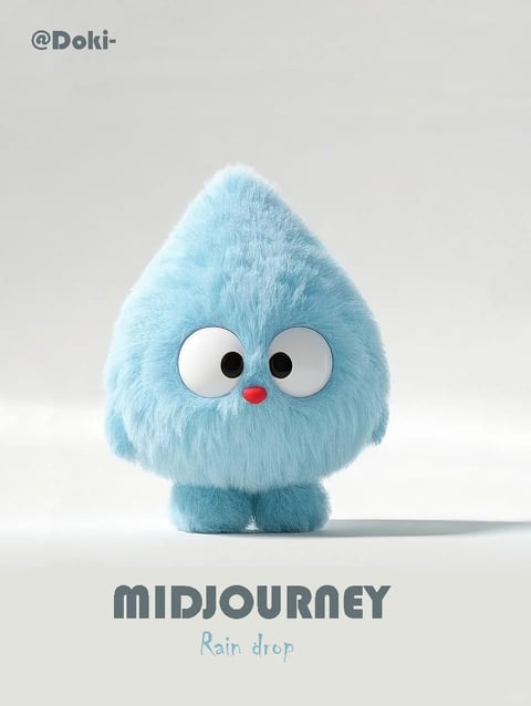 The image features a single, cute, anthropomorphic character centered in a clean, minimalist studio setting. The subject is a fluffy, teardrop-shaped creature with a soft, light blue, fur-like texture covering its entire body. It has two large, round, white eyes with black pupils, and a small, round, bright red nose positioned below the eyes. The character has short, stubby legs and is standing on a plain, off-white surface that blends seamlessly into a light gray background. Visible text includes "@Doki-" in the top-left corner, "MIDJOURNEY" in large, bold, gray, sans-serif capital letters near the bottom, and below that, the phrase "Rain drop" in a smaller, light blue, cursive script. The visual aesthetic is highly detailed and photorealistic in its rendering of textures, particularly the soft, tactile quality of the fur, giving it a 3D, physical toy-like appearance. The color palette is soft and cool, dominated by the light blue of the character and neutral grays and whites, with the red nose providing a single point of high-saturation contrast. The lighting is soft, diffuse, and even, coming from the front-left, creating gentle shadows that give the character volume and ground it in the space without harsh contrasts. The composition is simple and centered, with a shallow depth of field that keeps the focus entirely on the character. The shape language is primarily organic and rounded, with soft edges and no sharp angles, contributing to a friendly, approachable, and innocent mood. The overall atmosphere is calm, gentle, and whimsical.