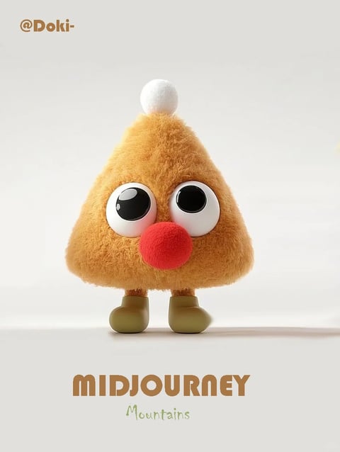 The image features a central, anthropomorphic, triangular creature standing on a plain, light beige surface against a similarly neutral, off-white background. The creature is covered in dense, fuzzy, golden-brown fur, giving it a soft, plush toy appearance. It has two large, round, glossy black eyes with white highlights, a prominent round red nose, and a single white pom-pom at the apex of its triangular body. It stands on two short, smooth, olive-green boots. The composition is centered and minimalist, with the subject occupying the middle ground and a clear shadow cast beneath it. Visible text includes the handle '@Doki-' in the top left corner in a brown, stylized font, and the words 'MIDJOURNEY' in large, bold, brown letters with 'Mountains' in a smaller, green, cursive font below it, centered at the bottom. The visual aesthetic is 3D-rendered with a photorealistic texture simulation, emphasizing a tactile, fuzzy surface. The color language is warm and muted, dominated by the golden-brown fur, with accent colors of red for the nose, white for the pom-pom and eye details, and olive green for the boots. The lighting is soft and diffuse, coming from the upper left, creating gentle highlights on the fur and a soft shadow on the ground, conveying a calm, studio-like mood. The shape language is primarily organic and soft, defined by the creature's rounded triangular form and circular features, with smooth edges and no harsh lines. The atmosphere is whimsical, gentle, and toy-like.