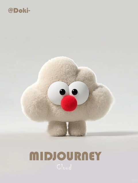 This image features a stylized, 3D-rendered cloud character centered against a soft, light gray gradient background. The character is the main subject, composed of soft, organic, puffy cloud-like shapes forming a head and two stubby legs, with no distinct arms. It has large, round, glossy white eyes with black pupils, a prominent round red nose, and a fluffy, textured surface resembling plush fabric or fleece. The composition is simple and centered, with the character standing on a flat, light gray surface that casts a soft, subtle shadow beneath it. The visual aesthetic is clean, minimalist, and cartoonish, with a 3D rendering technique that emphasizes softness and tactile appeal. The color palette is muted and warm, dominated by the off-white/beige of the cloud body, contrasted by the bright red nose and black-and-white eyes; saturation is low except for the red accent, and contrast is gentle. Lighting is soft and diffused, appearing to come from the front-left, creating subtle highlights on the left side of the cloud and nose, and soft shadows on the right, conveying a calm, approachable mood. The texture is highly detailed, with a visible soft, fuzzy pile on the cloud surface, giving it a cozy, huggable material feel. The shape language is entirely organic and rounded, with soft edges and no hard lines, enhancing the friendly appearance. Visible text includes '@Doki-' in the top-left corner in a light brown sans-serif font, and the words 'MIDJOURNEY' in large, bold, light brown serif letters at the bottom center, with 'Cloud' in a smaller, lighter script font directly below it; this text acts as attribution and a label. The overall mood is gentle, whimsical, and comforting.